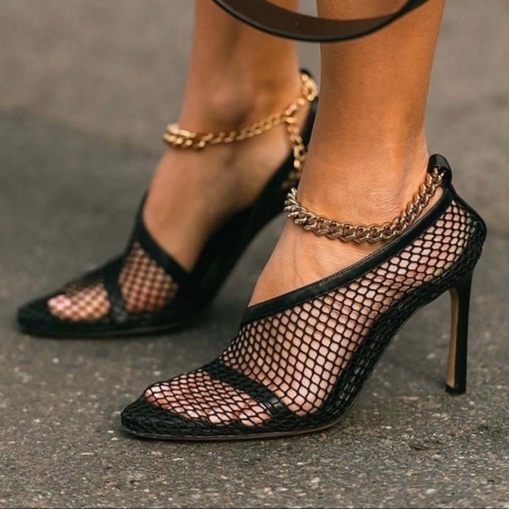 Bottega Veneta Stretch Chain Ankle Strap Nappa Leather Heel Mesh Pumps Size 38